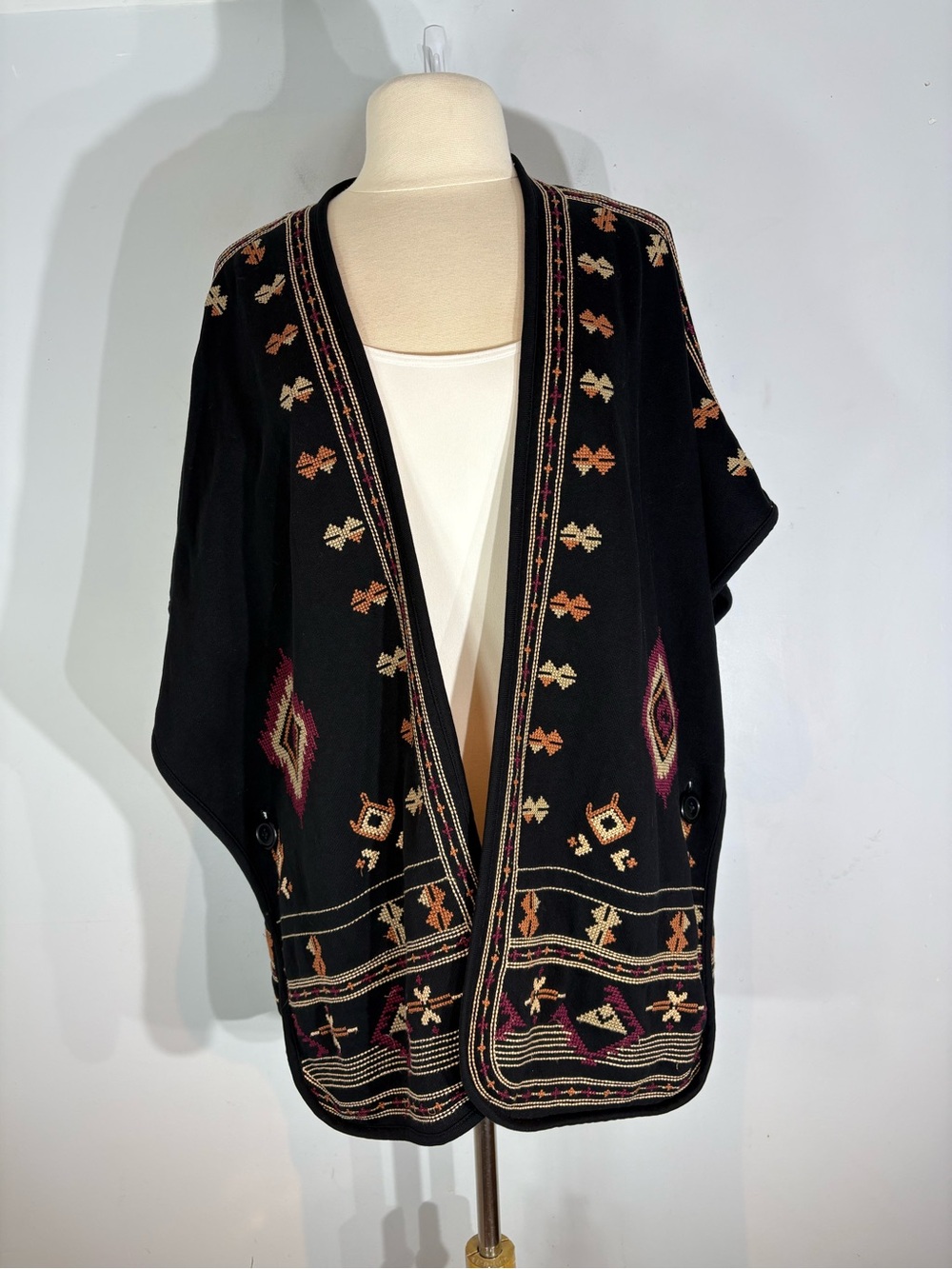 Lucky Brand Aztec Southwestern Kimono Cardigan Poncho Boho One Size Black